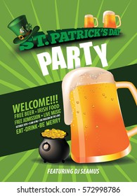 Happy Saint Patrick's Day pot of gold, leprechaun hat and beer design background. Poster, ad or invitation for St. Patricks Day celebration. EPS 10 vector.