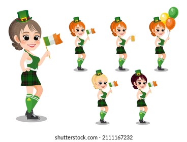 Happy Saint Patrick's Day with Pretty leprechaun girl with beer glass, Irish flag and Irish Balloon. Cartoon Character Girl Vector