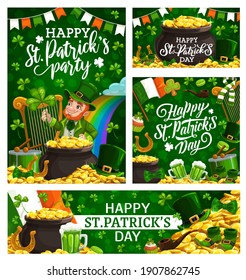 Happy Saint Patricks Day Religious Holiday Cards With National Symbols. Vector Flag Of Ireland, Leprechaun Playing Harp, Lucky Horseshoe And Piles Of Gold. Food, Drinks And Lettering, Scarf Of Gnome