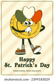 Happy Saint Patricks Day retro greeting card. Funky groovy cartoon character gold coin heart-shaped balls Irish flag. Vintage funny mascot psychedelic smile emotion. Comic trendy vector illustration