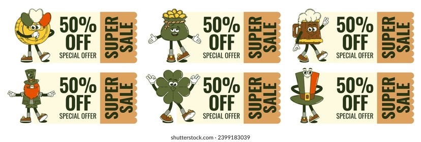 Happy Saint Patricks Day retro coupon promotion set, discount banner, gift voucher. Funky groovy cartoon characters. Vintage funny mascot psychedelic smile emotion. Comic trendy vector illustration