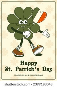 Happy Saint Patricks Day retro greeting card. Funky groovy cartoon character clover ball colors Irish flag. Vintage funny mascot patch psychedelic smile emotion. Comic trendy vector illustration