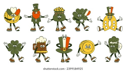 Happy Saint Patricks Day retro set characters. Funky groovy cartoon Leprechaun, coin, clover and other. Vintage funny mascot stickers psychedelic smile and emotion. Comic trendy vector illustration