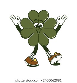 Happy Saint Patricks Day retro sticker. Funky groovy cartoon character walking clover with four leaf. Vintage funny mascot patch psychedelic smile and emotion. Comic trendy vector illustration