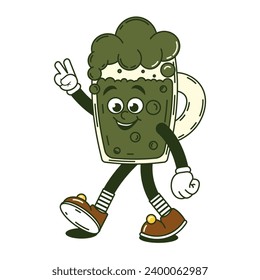 sticker retro del Día del Feliz Santo Patrocinador. Funky groovy personaje de caricatura caminando cerveza verde en un vaso de vidrio. Una mascota divertida de la época se arregla sonrisa psicodélica y emoción. Ilustración vectorial de moda cómica