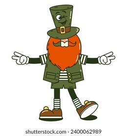 Happy Saint Patricks Day retro sticker. Funky groovy cartoon character leprechaun, gnome in hat. Vintage funny mascot patch psychedelic smile and emotion. Comic trendy vector illustration
