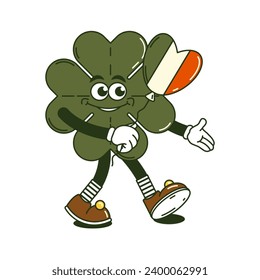 Happy Saint Patricks Day retro sticker. Funky groovy cartoon character walking clover with four leaf. Vintage funny mascot patch psychedelic smile and emotion. Comic trendy vector illustration