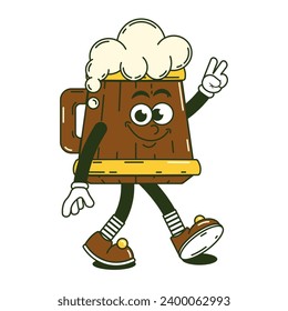 sticker retro del Día del Feliz Santo Patrocinador. Funky groovy personaje de caricatura caminando cerveza barba en vidrio de madera. Una mascota divertida de la época se arregla sonrisa psicodélica y emoción. Ilustración vectorial de moda cómica