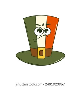 Happy Saint Patricks Day retro sticker. Funky groovy cartoon character hat in the colors of the Irish flag. Vintage funny mascot patch psychedelic smile and emotion. Comic trendy vector illustration