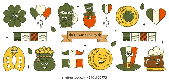 Happy Saint Patricks Day retro set characters. Funky groovy cartoon Leprechaun, coin, horseshoe, clover,other. Vintage funny mascot stickers psychedelic smile,emotion. Comic trendy vector illustration