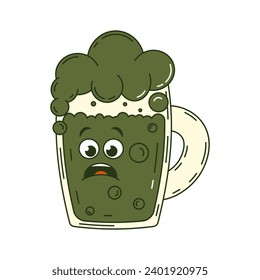 sticker retro del Día del Feliz Santo Patrocinador. El personaje de la caricatura humorística es una cerveza verde en un vaso de vidrio. Una mascota divertida de la época se arregla sonrisa psicodélica y emoción. Ilustración vectorial de moda cómica