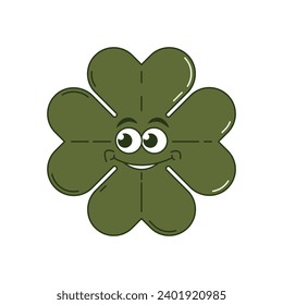 Happy Saint Patricks Day retro sticker. Funky groovy cartoon character clover with four leaf. Vintage funny mascot patch psychedelic smile and emotion. Comic trendy vector illustration