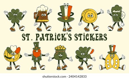 Happy Saint Patricks Day retro set characters. Funky groovy cartoon Leprechaun, coin, horseshoe, clover,other. Vintage funny mascot stickers psychedelic smile,emotion. Comic trendy vector illustration