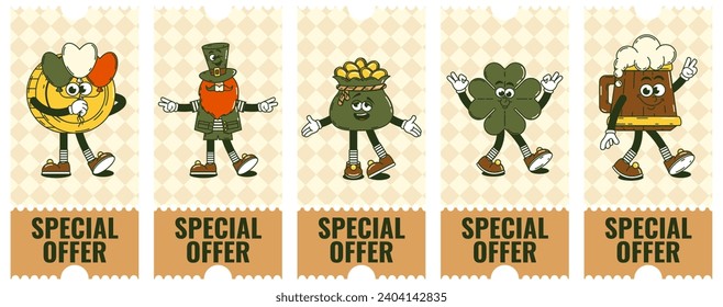 Happy Saint Patricks Day retro coupon promotion set. Funky groovy cartoon characters. Vintage funny mascot patch psychedelic smile,emotion. Comic trendy vector illustration