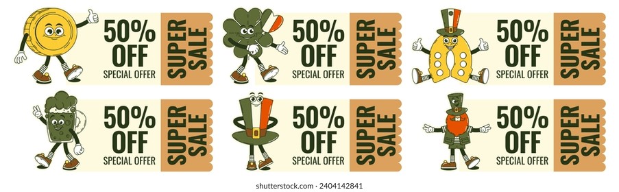 Happy Saint Patricks Day Retro Coupon Coupon-Coupon-Set. Funky groovy Cartoon-Figuren. Vintage lustige Maskottpflaster psychedelisches Lächeln, Gefühle. Comic-trendige Vektorgrafik