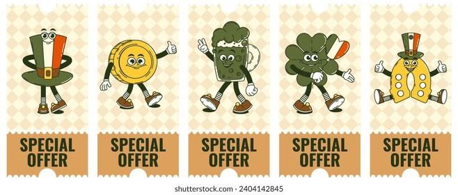 Happy Saint Patricks Day retro coupon promotion set. Funky groovy cartoon characters. Vintage funny mascot patch psychedelic smile,emotion. Comic trendy vector illustration