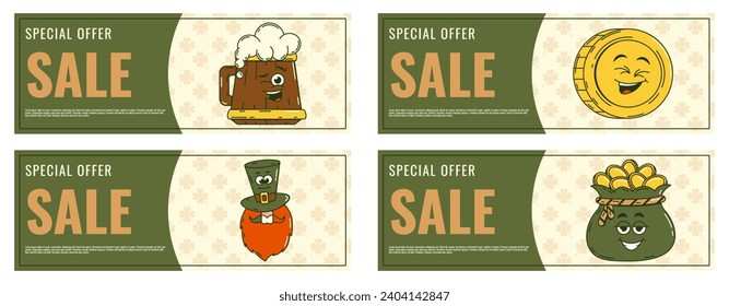 Happy Saint Patricks Day retro promotion set, discount banner, gift voucher. Funky groovy cartoon characters. Vintage funny mascot patch psychedelic smile and emotion. Comic trendy vector illustration