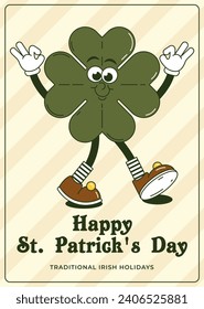 Happy Saint Patricks Day retro greeting card. Funky groovy cartoon character clover. Vintage funny mascot patch psychedelic smile and emotion. Comic trendy vector illustration