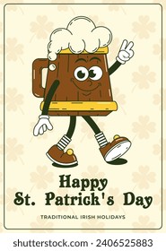Happy Saint Patricks Day retro greeting card. Funky groovy cartoon character walking beer mug  wooden glass. Vintage funny mascot patch psychedelic smile and emotion. Comic trendy vector illustration