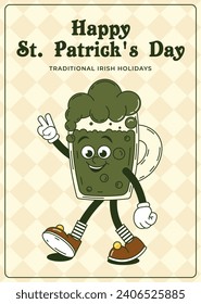 Tarjeta de felicitación retro del Día del Feliz Santo Patrón. Caricatura divertida y burlona que camina cerveza verde. Una mascota divertida de la época se arregla sonrisa psicodélica y emoción. Ilustración vectorial de moda cómica