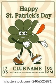 Happy Saint Patricks Day retro party invitation. Funky groovy cartoon character clover. Vintage funny mascot patch psychedelic smile and emotion. Comic trendy vector illustration