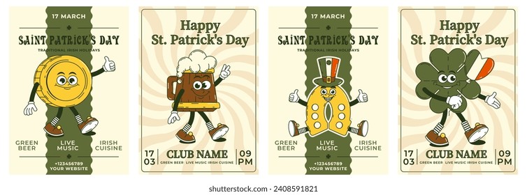 Happy Saint Patricks Day Retro Set Party Einladung. Funky groovy Cartoon-Figuren. Vintage lustige Maskottpflaster psychedelisches Lächeln und Emotion. Comic-trendige Vektorgrafik