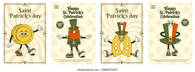 Happy Saint Patricks Day retro set greeting card, party invitation. Funky groovy cartoon characters. Vintage funny mascot patch psychedelic smile and emotion. Comic trendy vector illustration