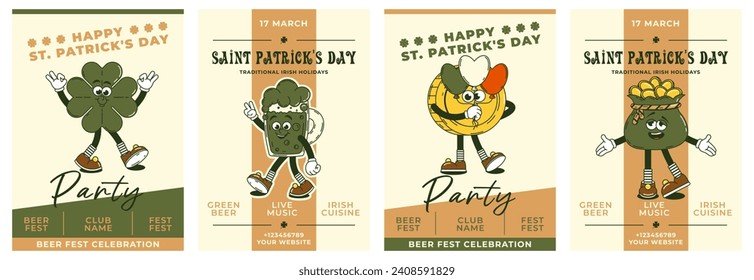 Happy Saint Patricks Day retro set party invitation. Funky groovy cartoon characters. Vintage funny mascot patch psychedelic smile and emotion. Comic trendy vector illustration