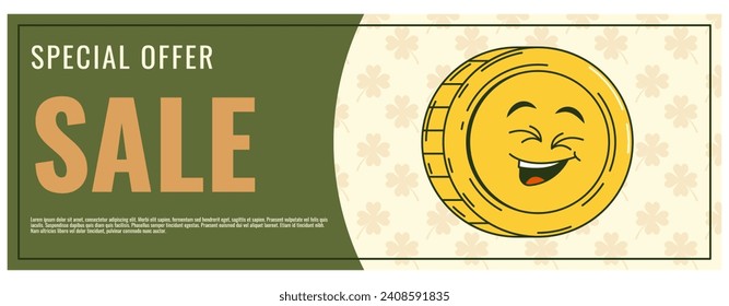 Happy Saint Patricks Day retro coupon promotion, discount banner, gift voucher. Funky groovy cartoon characters. Vintage funny mascot patch psychedelic smile emotion. Comic trendy vector illustration