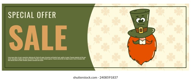 Happy Saint Patricks Day retro coupon promotion, discount banner, gift voucher. Funky groovy cartoon characters. Vintage funny mascot patch psychedelic smile emotion. Comic trendy vector illustration