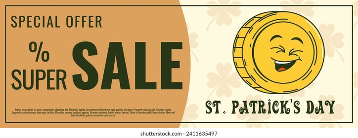 Happy Saint Patricks Day retro coupon promotion, discount banner, gift voucher. Funky groovy cartoon characters. Vintage funny mascot patch psychedelic smile, emotion. Comic trendy vector illustration