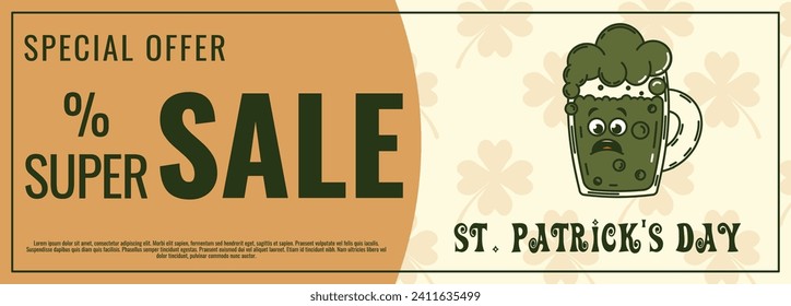 Happy Saint Patricks Day retro coupon promotion, discount banner, gift voucher. Funky groovy cartoon characters. Vintage funny mascot patch psychedelic smile, emotion. Comic trendy vector illustration