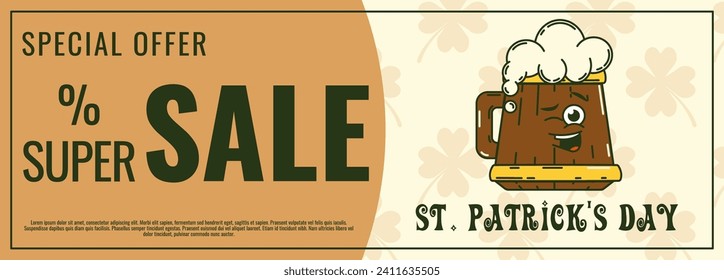 Happy Saint Patricks Day retro coupon promotion, discount banner, gift voucher. Funky groovy cartoon characters. Vintage funny mascot patch psychedelic smile, emotion. Comic trendy vector illustration