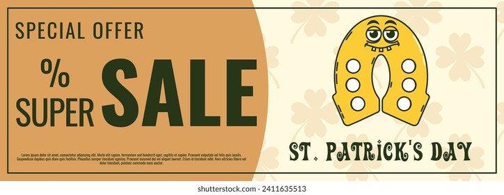 Happy Saint Patricks Day retro coupon promotion, discount banner, gift voucher. Funky groovy cartoon characters. Vintage funny mascot patch psychedelic smile, emotion. Comic trendy vector illustration
