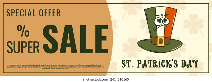 Happy Saint Patricks Day retro coupon promotion, discount banner, gift voucher. Funky groovy cartoon characters. Vintage funny mascot patch psychedelic smile, emotion. Comic trendy vector illustration