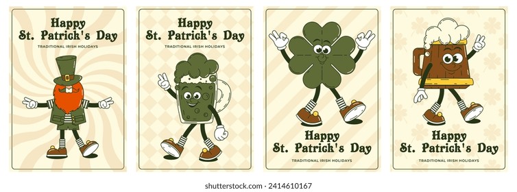 Happy Saint Patricks Day Retro Set Grußkarte. Funky groovy Cartoon-Figuren. Vintage lustige Maskottpflaster psychedelisches Lächeln und Emotion. Comic-trendige Vektorgrafik