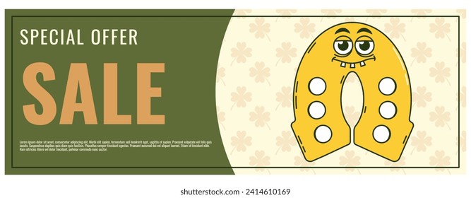 Happy Saint Patricks Day retro coupon promotion, discount banner, gift voucher. Funky groovy cartoon characters. Vintage funny mascot patch psychedelic smile, emotion. Comic trendy vector illustration