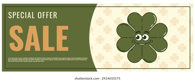 Happy Saint Patricks Day retro coupon promotion, discount banner, gift voucher. Funky groovy cartoon characters. Vintage funny mascot patch psychedelic smile, emotion. Comic trendy vector illustration