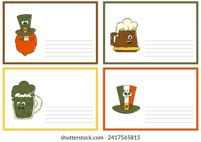 Happy Saint Patricks Day retro set postcard. Funky groovy cartoon characters. Vintage funny mascot patch psychedelic smile, emotion. Comic trendy vector illustration