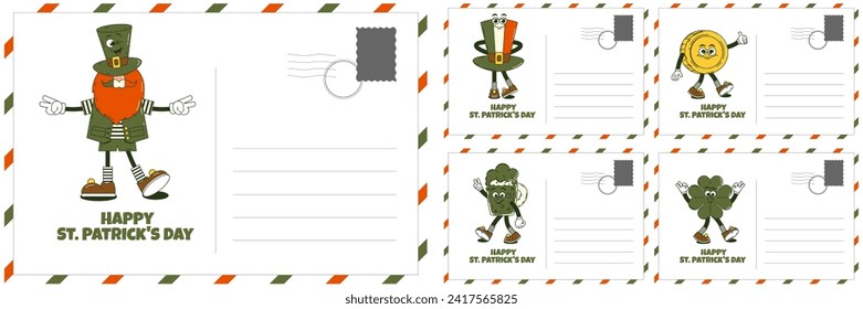 Happy Saint Patricks Day retro set postcard. Funky groovy cartoon characters. Vintage funny mascot patch psychedelic smile, emotion. Comic trendy vector illustration