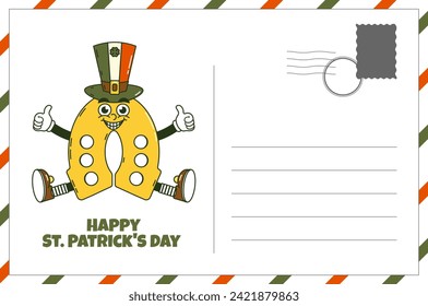 Happy Saint Patricks Day retro postcard. Funky groovy cartoon characters. Vintage funny mascot patch psychedelic smile, emotion. Comic trendy vector illustration