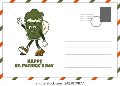Happy Saint Patricks Day retro postcard. Funky groovy cartoon characters. Vintage funny mascot patch psychedelic smile, emotion. Comic trendy vector illustration