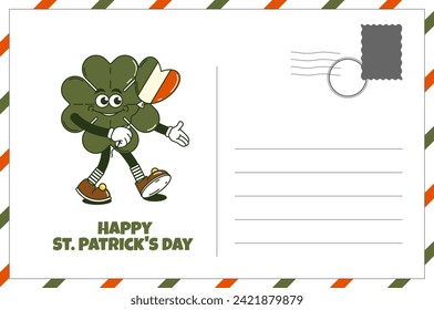Happy Saint Patricks Day retro postcard. Funky groovy cartoon characters. Vintage funny mascot patch psychedelic smile, emotion. Comic trendy vector illustration