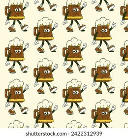 Happy Saint Patricks Day retro Seamless pattern. Funky groovy cartoon characters. Vintage funny mascot patch psychedelic smile, emotion. Comic trendy vector illustration