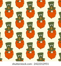 Happy Saint Patricks Day retro Seamless pattern. Funky groovy cartoon characters. Vintage funny mascot patch psychedelic smile, emotion. Comic trendy vector illustration