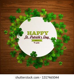 Happy Saint Patrick's day, round paper banner with shamrock leaves on wood background, vector illustration