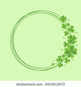 Happy Saint Patricks Day round card design with clever leaves. Irish celebration brochure. Beer festival flyer. St. Patricks badge border design in green style on light background.