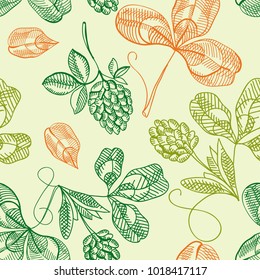 Happy Saint Patricks Day seamless pattern with hand drawn shamrock and four leaf clover vector illustration