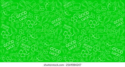 Happy Saint Patricks day. Seamless Pattern background with three - leaved shamrocks St. Patrick's day holiday symbol. Irish symbols of the holiday.17 march. Lucky green clover for Irish festival