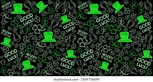 Happy Saint Patricks day. Seamless Pattern background with three - leaved shamrocks St. Patrick's day holiday symbol. Irish symbols of the holiday.17 march. Lucky green clover for Irish festival